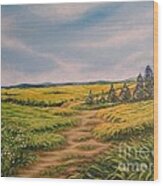 Landscape Field Grass Trees And Road Wood Print