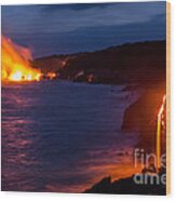 Lava Flowing Into Ocean At Night In Hawaii Wood Print