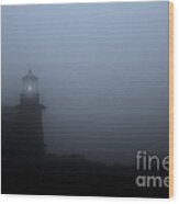 Lighthouse In Fog Wood Print