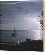 Lightning On Lake Michigan At Night Wood Print