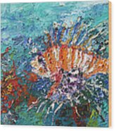 Lion Fish Red Coral Oil Painting Wood Print