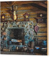 Log Cabin With Fireplace Wood Print