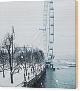 London Eye And Southbank In Snow Wood Print