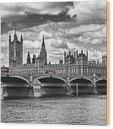London - Houses Of Parliament And Red Buses Wood Print