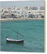 Lone Boat Anchored Off Mykonos - A Wood Print