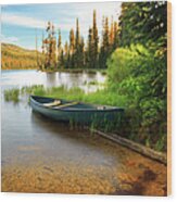 Lone Canoe On Shores Of Upper Payette Wood Print