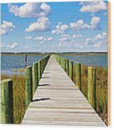 Long Wooden Pier, Cloud Filled Sky Wood Print