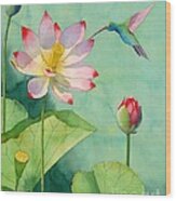 Lotus And Hummingbird Wood Print