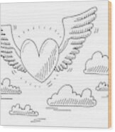 Love Heart Flying In The Air Drawing Wood Print