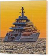 Luxury Yacht On Open Sea At Sunset Wood Print