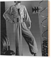 Male Model Wearing Futuristic Gray Jumpsuit Wood Print