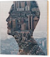 Man And Cityscape,double Exposure Wood Print