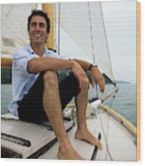 Man Smiling On Sailboat, Casco Bay Wood Print