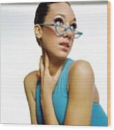 Marisa Berenson Wearing Blue Glasses Wood Print