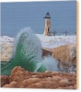 Mermaid Tail And The Manistee Lighthouse Square Wood Print