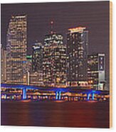 Miami Skyline At Night Panorama Color Wood Print