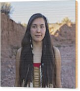 Mixed Race Woman Standing In Remote Desert Landscape Wood Print