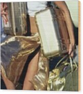 Model Carrying Gold Luggage Wood Print