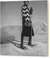 Model Wearing A Striped Sweater On Snow Wood Print