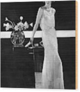 Model Wearing Beaded Dress Wood Print
