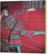 Model Wearing Striped Pajamas By Galanos Wood Print