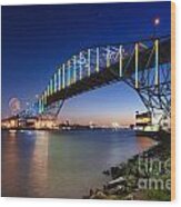 Moon Setting Over Corpus Christi Bridge Wood Print