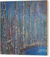 Moonlit Birch Path In Blue Wood Print