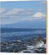 Mount Fuji And Blue Sea Wood Print