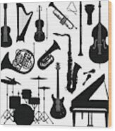 Music Instruments Silhouette Wood Print