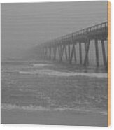 Navarre Pier Disappears In The Bw Fog Wood Print