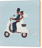 Newlywed Bride And Groom On A Scooter Wood Print