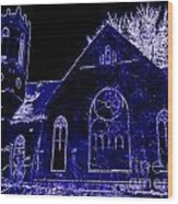 Old Church In Blue Neon Wood Print