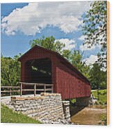 Old Red Bridge By Stone Wall Wood Print