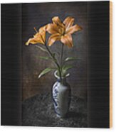Orange Asiatic Lilies In Vase Wood Print