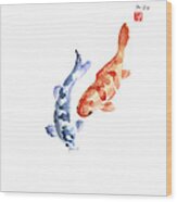 Orange Red Blue Fish Pisces Koi Carp Zodiac Ocean Animal World Water Colors Watercolors Painting Wood Print