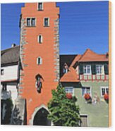 Orange Tower And Blue Sky - City Gate In Meersburg Germany Wood Print