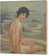 Original Classic Oil Painting Boy Body Art Male Nude Lotus #16-2-4-01 Wood Print