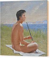 Original Oil Painting Man Body Art -male Nude And Flute By Hongtao#16-1-31-08 Wood Print