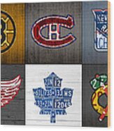 Original Six Hockey Team Retro Logo Vintage Recycled License Plate Art Wood Print
