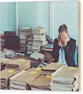Overworked Office Worker, Bureaucracy, Archives Wood Print