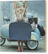 Pacific Islander Woman Holding Suitcase Near Vintage Scooter Wood Print