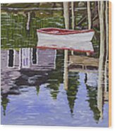 Small Boat And Water Reflections In Maine Wood Print
