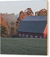 Panoramic View Of A Red Barn At Sunrise Wood Print
