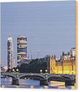 Panoramic View Of Westminster Bridge And Westminster Palace With Big Ben At Dusk Wood Print