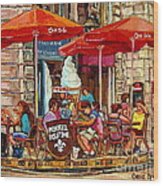 Paris Style Sidewalk Cafe Paintings Le Cremerie Bar Vieux Port Montreal Poutine Red Bistro Umbrellas Wood Print