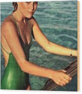 Patti Hansen Wearing A Green Swimsuit Wood Print