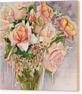 Peach Roses In Vase Wood Print
