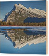 Perfect Reflection Of Rundle Mountain Wood Print