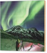 Photographer And The Aurora In Alaska Wood Print