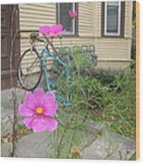 Pink Flower Blue Bike Wood Print